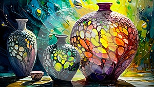 An artistic generated concept image of a unique ceramic vase on a colourful background