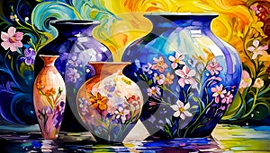 An artistic generated concept image of a unique ceramic vase on a colourful background