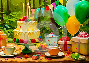 An artistic generated image of a birthday cake set up in a forest landscape