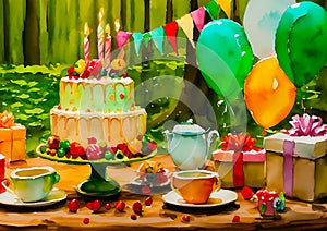 An artistic generated image of a birthday cake set up in a forest landscape