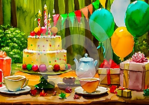 An artistic generated image of a birthday cake set up in a forest landscape