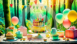 An artistic generated image of a birthday cake set up in a forest landscape