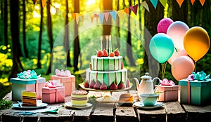 An artistic generated image of a birthday cake set up in a forest landscape