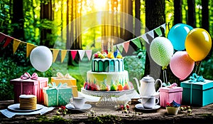 An artistic generated image of a birthday cake set up in a forest landscape