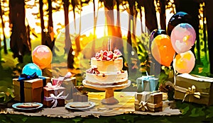 An artistic generated image of a birthday cake set up in a forest landscape