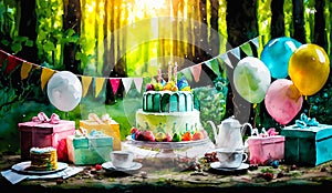 An artistic generated image of a birthday cake set up in a forest landscape