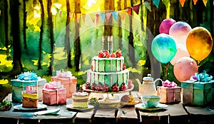 An artistic generated image of a birthday cake set up in a forest landscape