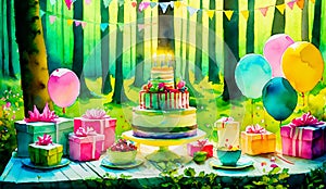 An artistic generated image of a birthday cake set up in a forest landscape