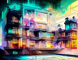 An artistic generated image inspired by an architectural hand draw style of painting