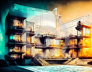 An artistic generated image inspired by an architectural hand draw style of painting