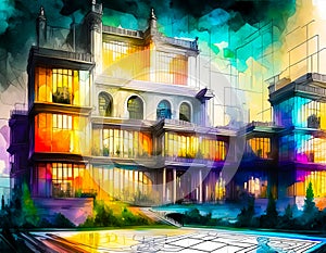 An artistic generated image inspired by an architectural hand draw style of painting