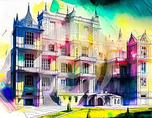 An artistic generated image inspired by an architectural hand draw style of painting