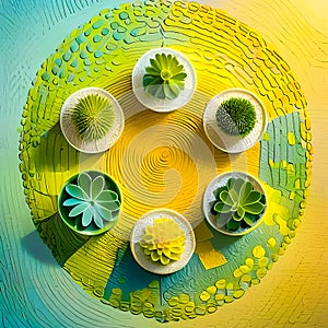 An artistic generated image inspired by a circle of succulent plants in round pots