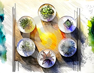 An artistic generated image inspired by a circle of succulent plants in round pots