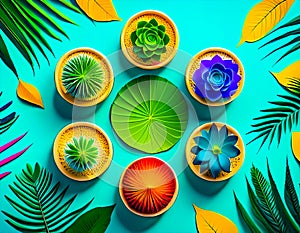 An artistic generated image inspired by a circle of succulent plants in round pots