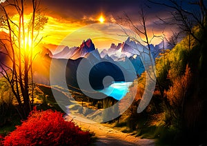 An artistic generated image inspired by a landscape full of coloured trees, sky and mountains