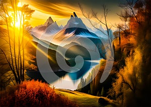 An artistic generated image inspired by a landscape full of coloured trees, sky and mountains