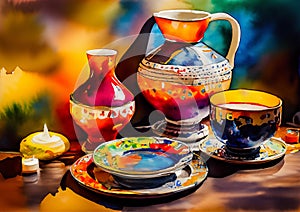 An artistic generated image of a tabletop set with colourful ceramics