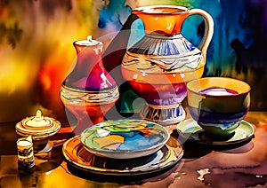 An artistic generated image of a tabletop set with colourful ceramics