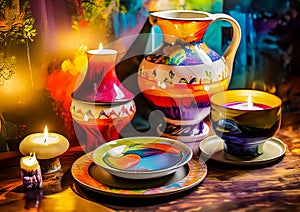 An artistic generated image of a tabletop set with colourful ceramics