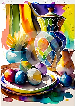 An artistic generated image of a tabletop set with colourful ceramics