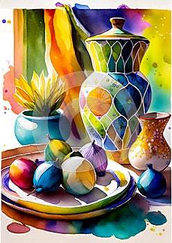 An artistic generated image of a tabletop set with colourful ceramics