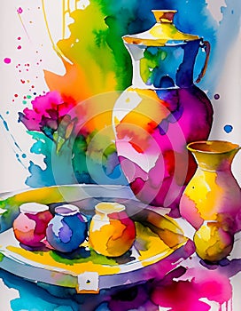 An artistic generated image of a tabletop set with colourful ceramics
