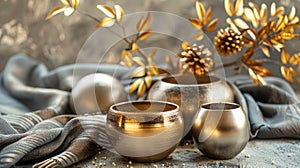 Artistic Golden Metallic Bowls and Nature-Inspired Decor photo