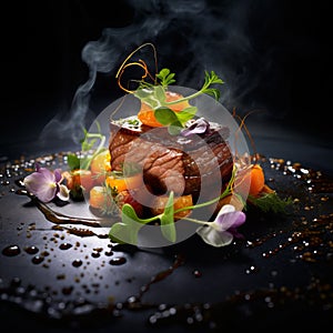 Artistic Gourmet Dish with Edible Flowers and Balsamic Drizzle