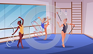 Artistic gymnast workout. Rhythmic gymnasts train, flexible girls in suits with ribbons, clubs, professional athletes