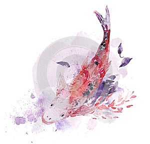 Artistic hand drawn watercolor composition with fish, pictorial paint drops and backdrops.