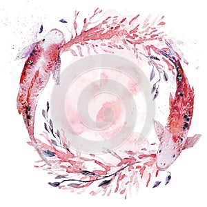 Artistic hand drawn watercolor round composition with fish couple, pictorial paint drop, backdrop.