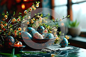 Artistic hand-painted Easter eggs in blue and yellow tones, in a wicker basket.