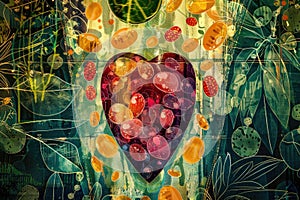Artistic heart motif in a vibrant abstract microbiology illustration with botanical elements