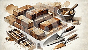 Artistic Illustration of Bricks and Masonry Tools