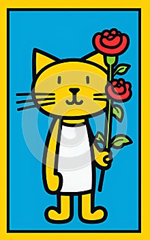 Artistic illustration of a cartoon yellow cat with rose flowers on a blue background on March 8, February 14, Mother