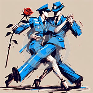Artistic illustration of a couple in uniform dancing tango holding a red rose