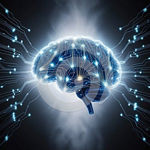 An artistic illustration of a neural network in the form of a floating digital brain surrounded by luminous circuits on a dark