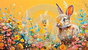 Artistic illustration of a rabbit amidst a vibrant meadow of colorful flowers