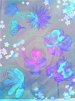 Fresh spring patterns of paints, colors, dyes. Background with neon floral motifs roses, daisy, poppies, butterflie