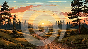 Artistic illustration of a scenic spring forest sunset captured in a captivating painting style