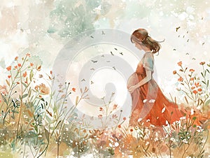 An artistic illustration of a serene pregnant woman surrounded by a vibrant field of flowers, depicting peaceful maternity in