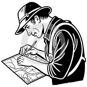 Detailed Illustration of a Surveyor Drawing a Map with Pencil Representing Cartography Skills photo