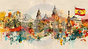 Artistic illustration showcasing a montage of iconic sights and cultural symbols of Spain