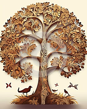 an artistic illustration of a tree with birds and butterflies