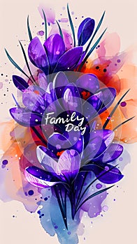 Artistic illustration of vibrant purple crocuses with Family Day lettering, celebrating familial bonds through the beauty of