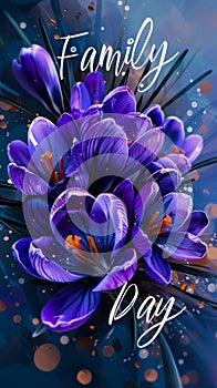 Artistic illustration of vibrant purple crocuses with Family Day lettering, celebrating familial bonds through the beauty of