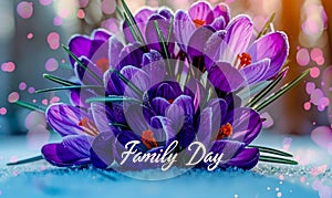 Artistic illustration of vibrant purple crocuses with Family Day lettering, celebrating familial bonds through the beauty of