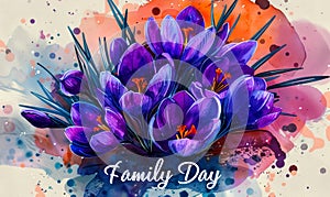 Artistic illustration of vibrant purple crocuses with Family Day lettering, celebrating familial bonds through the beauty of