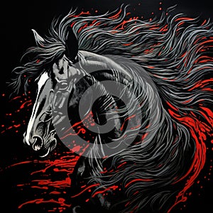 Artistic image of a black horse on black background. Art. Wildlife Animals